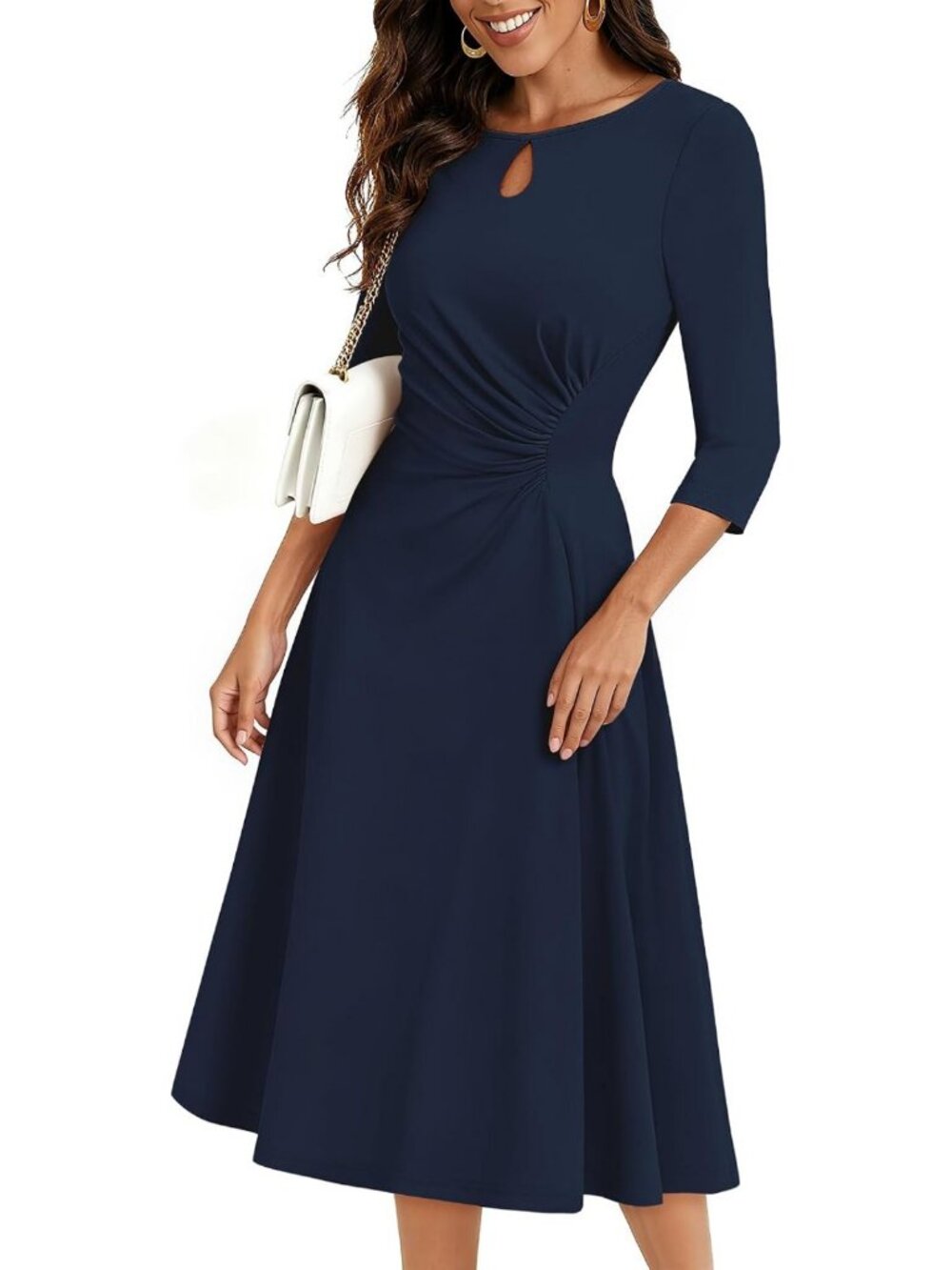 Elegant 3/4 Sleeve Wedding Guest Dress for Women | Ruched Waist Formal Attire